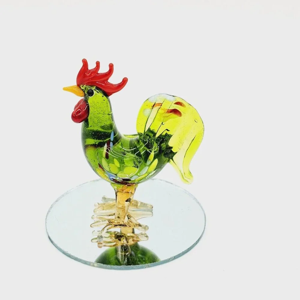Vintage Hand Blown Art Glass Green Pulled Feather Rooster Chicken Figurine Farm